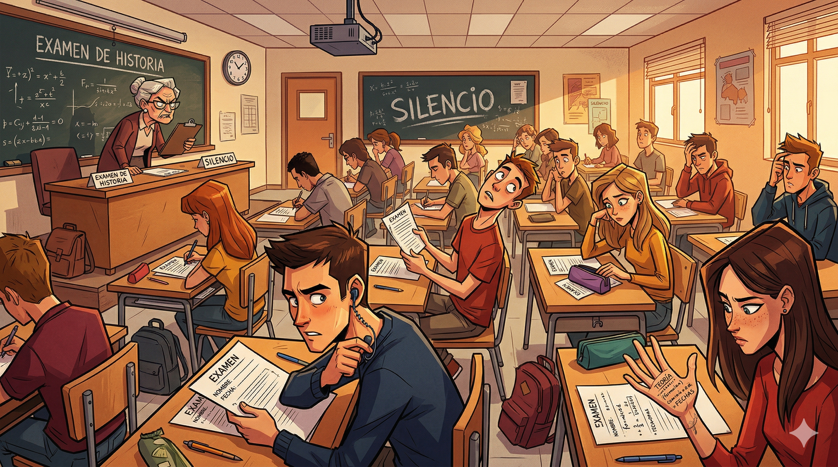 Ilustración de un aula donde varios alumnos copian en un examen.