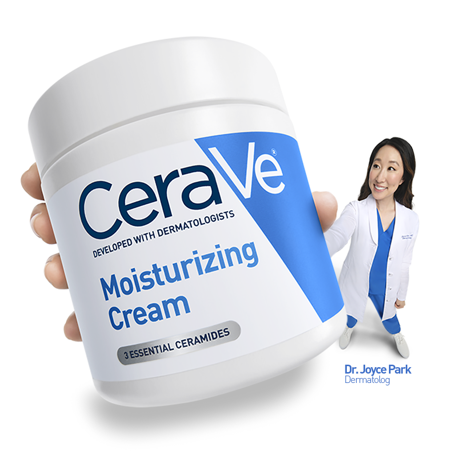 Dermatolog med CeraVe Moisturising Cream i handen