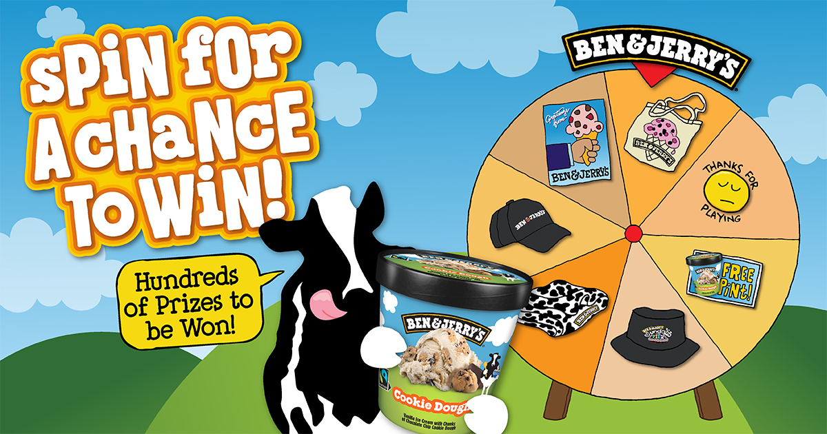 Spin to Win Campaign Banner. Win Hundreds of prizes from Ben & Jerry's 